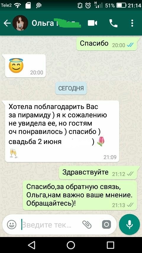 Хотела поблагодарить вас за пирамиду) я к сожалению не увидела ее, но гостям понравилось. свадьба 2 июня